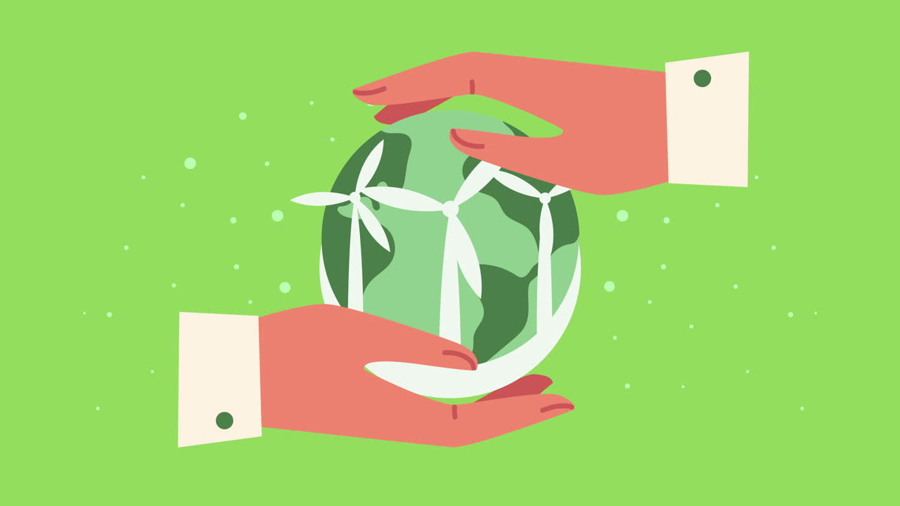 손으로 지구를 들어올리는 생태학 애니메이션 행성과 터빈