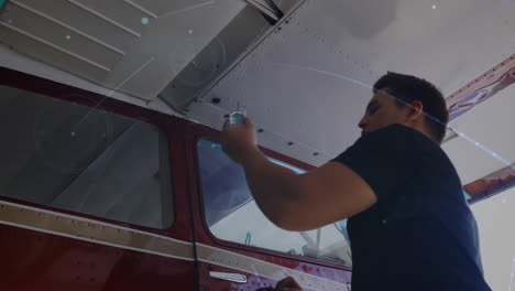 hombre trabajando en un avión con conexiones de red digital animación
