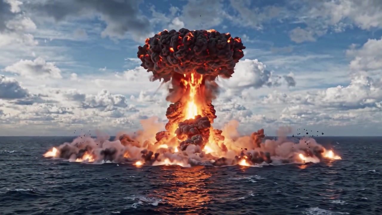 En serie dramatiske eksplosjoner utfolder seg over et vidstrakt hav, og viser kraftige sjokkbølger og veldige skyer i et fengslende visuelt skue av naturens rå energi