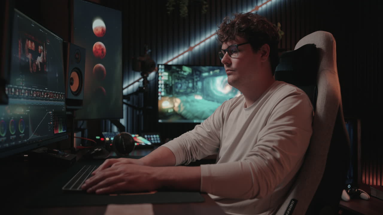 Man working on a computer in a dark room