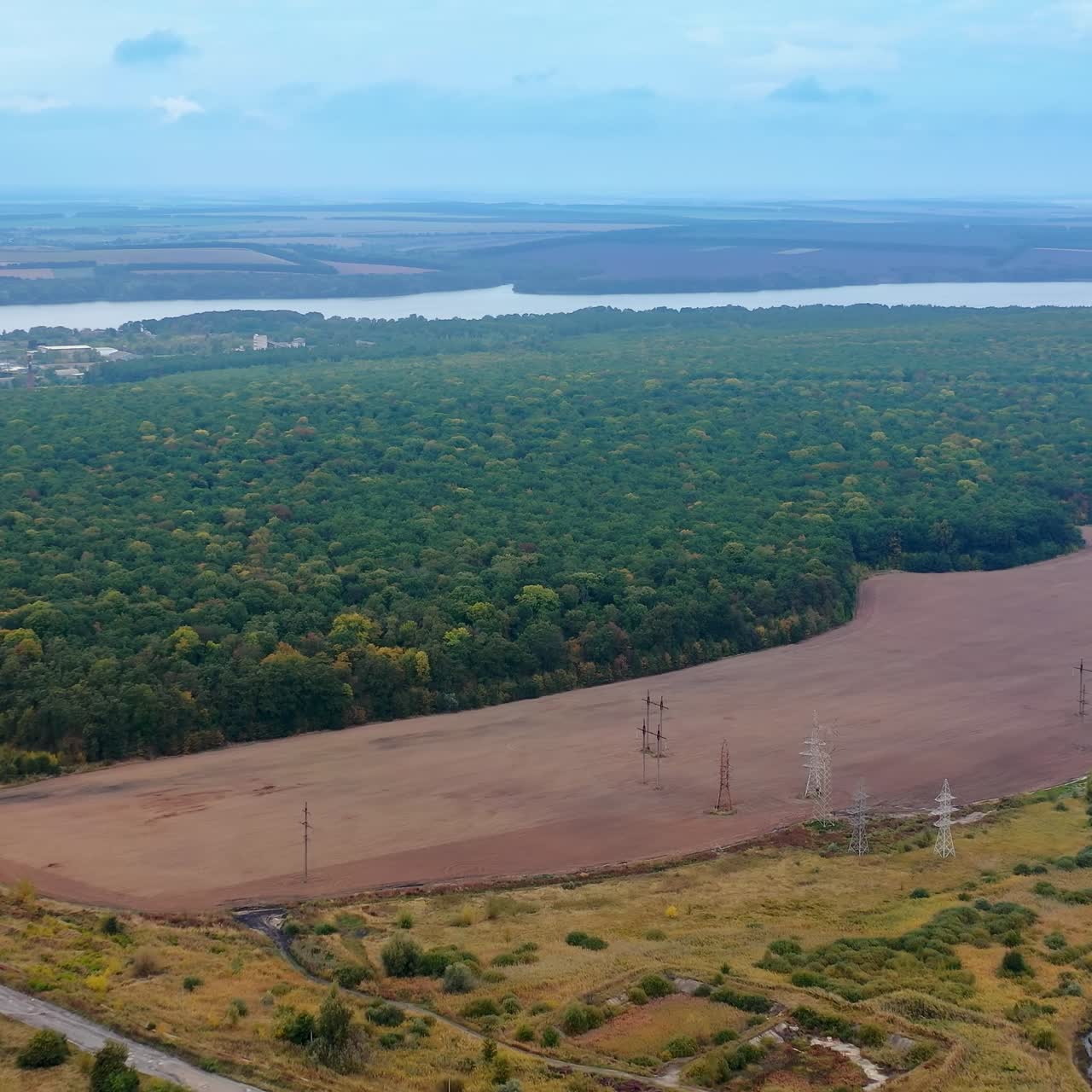 Aerial view huge green forrest fields. Summer natural beatiful green trees