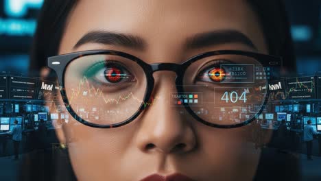 a close-up of a woman's face wearing glasses with augmented reality displaying data and graphs, symbolizing technology and modernity in data analysis