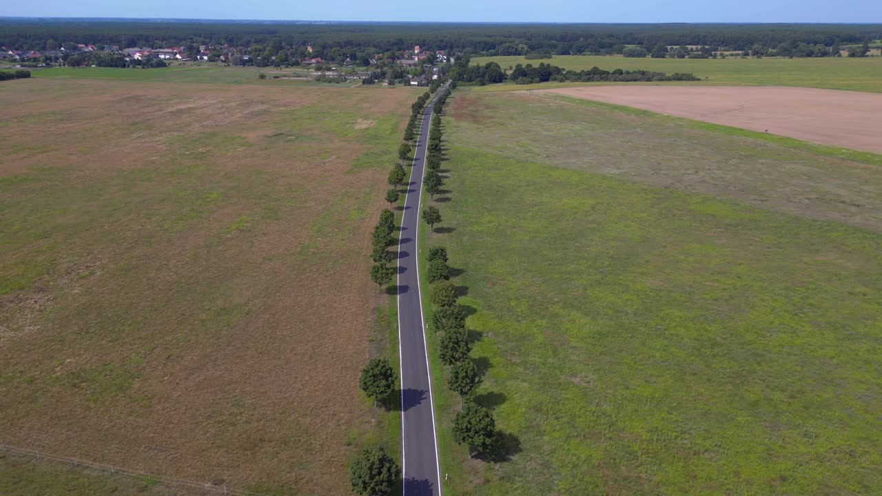 carretera de asfalto vacía que cruza un paisaje rural con árboles y campos. vista aérea dramática vuelo sobrevuelo sobrevuelo dron