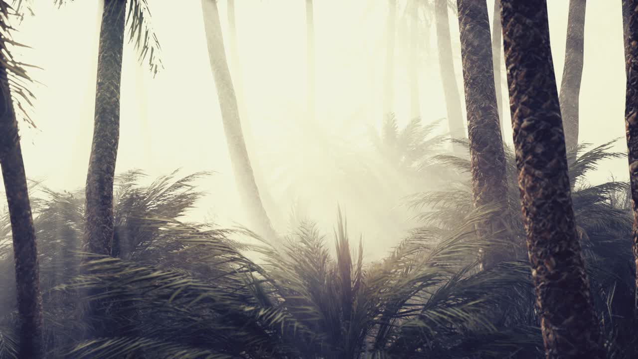 coconut palms in deep morning fog