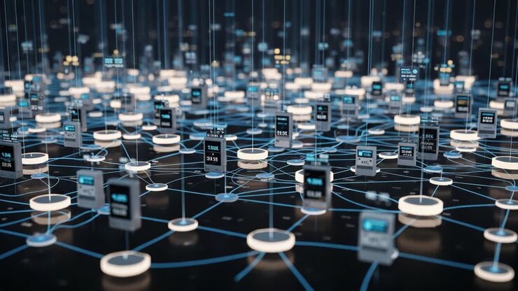 Et Digitalt Netværkslandskab med Sammenkoblede Noder og Informationssystemer, der Illustrerer Kompleks Datakommunikation i et Futuristisk Miljø