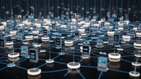 a digital network landscape featuring interconnected nodes and information systems, illustrating complex data communication in a futuristic environment
