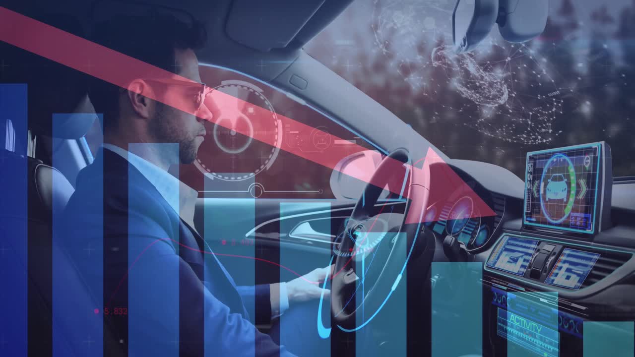 자율주행 자동차를 사용하는 사람과 함께 정보 디스플레이의 애니메이션