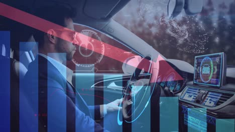 animación de pantallas de información con un hombre usando un coche de conducción autónoma