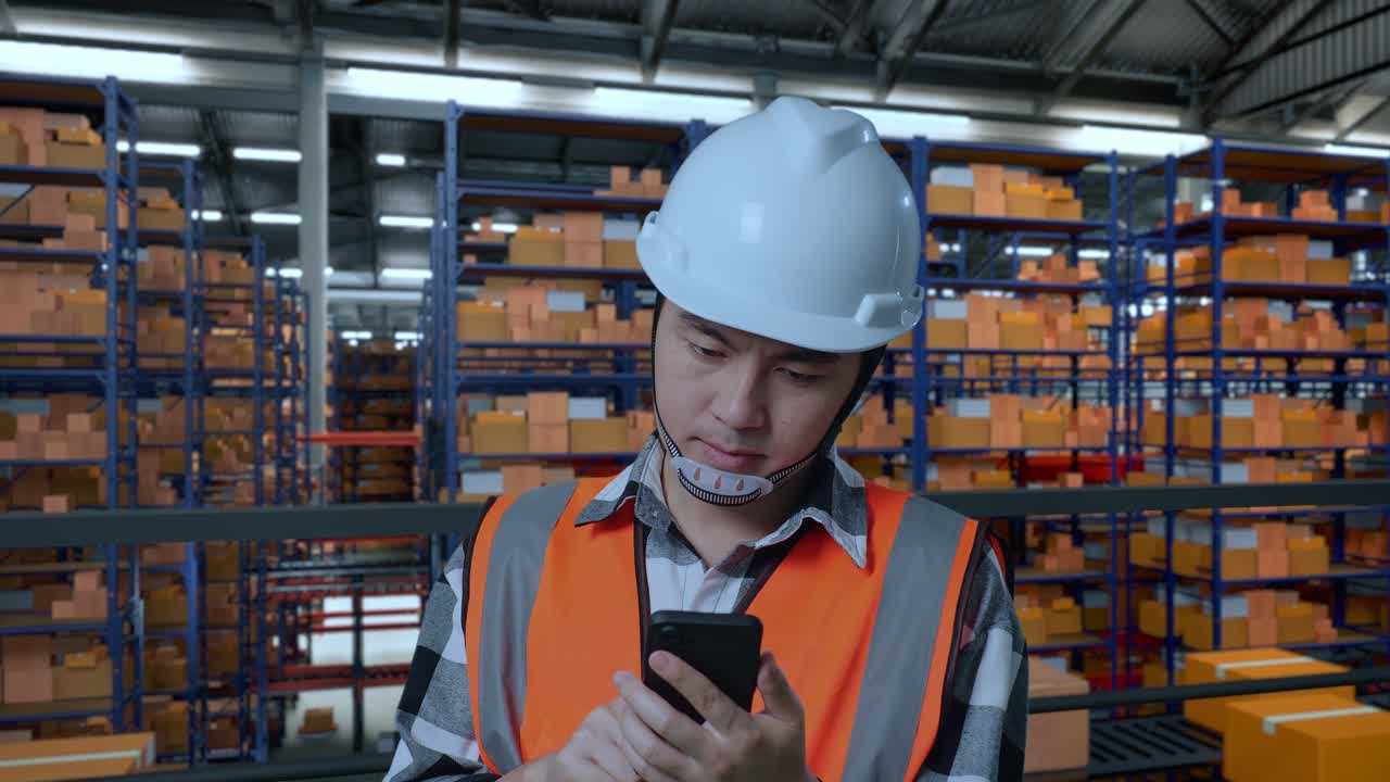 Close Up Of Asian Male Engineer With Safety Helmet Using Smartphone And Looking Around While Standing In The Warehouse With Shelves Full Of Delivery Goods