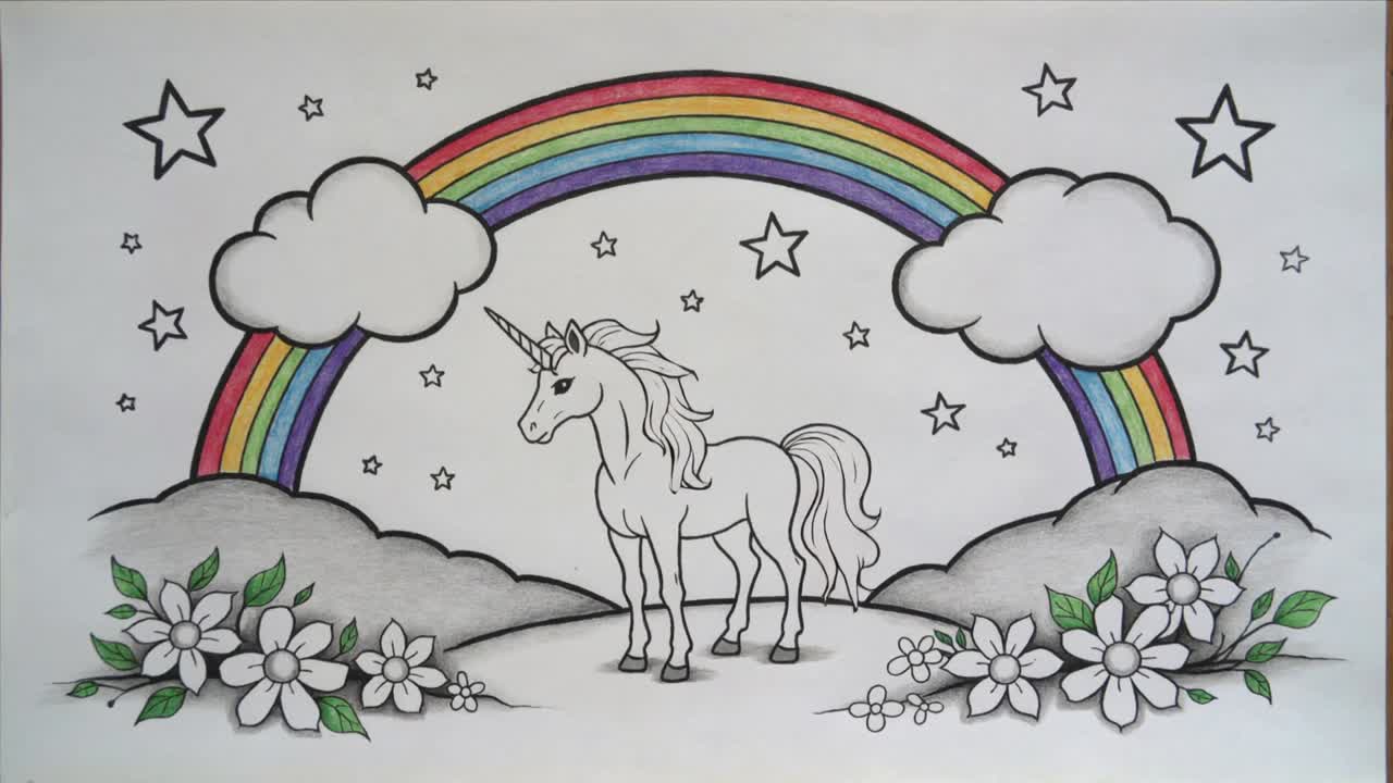 Iniciando gravação, câmera mostrando desenho de unicórnio em papel sobre a mesa com faixas de arco-íris e flores.