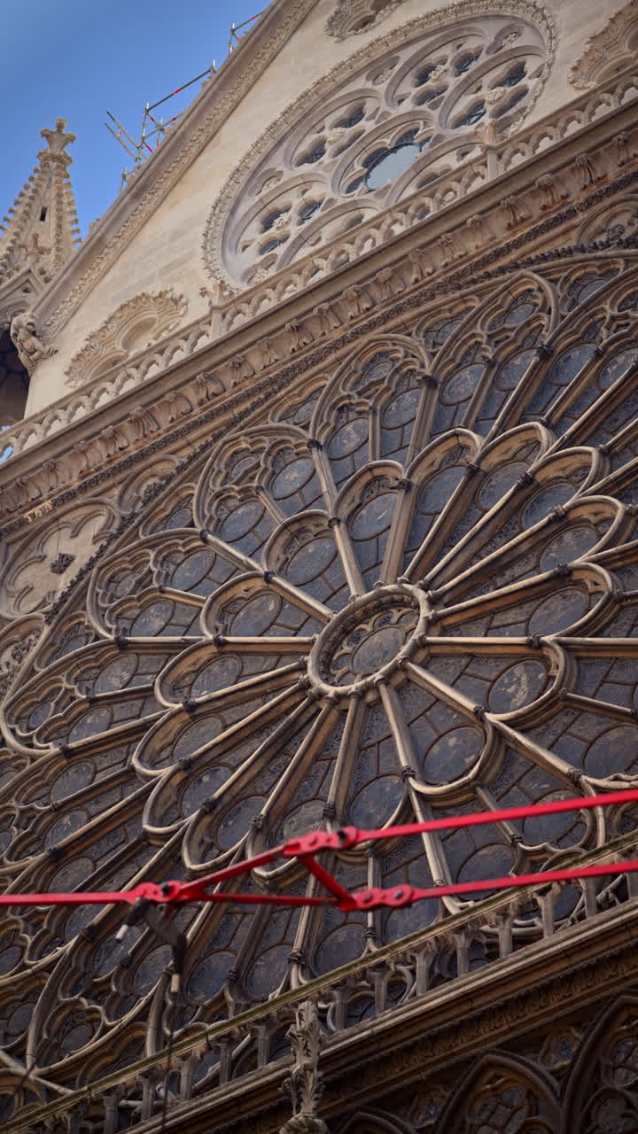 Vista laterale della Cattedrale di Notre-Dame a Parigi, Francia, in fase di ricostruzione con il cielo azzurro sullo sfondo. Verticale