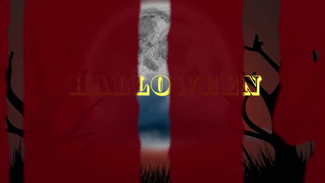 animation of halloween text over blood stains, trees, clouds and moon on sky