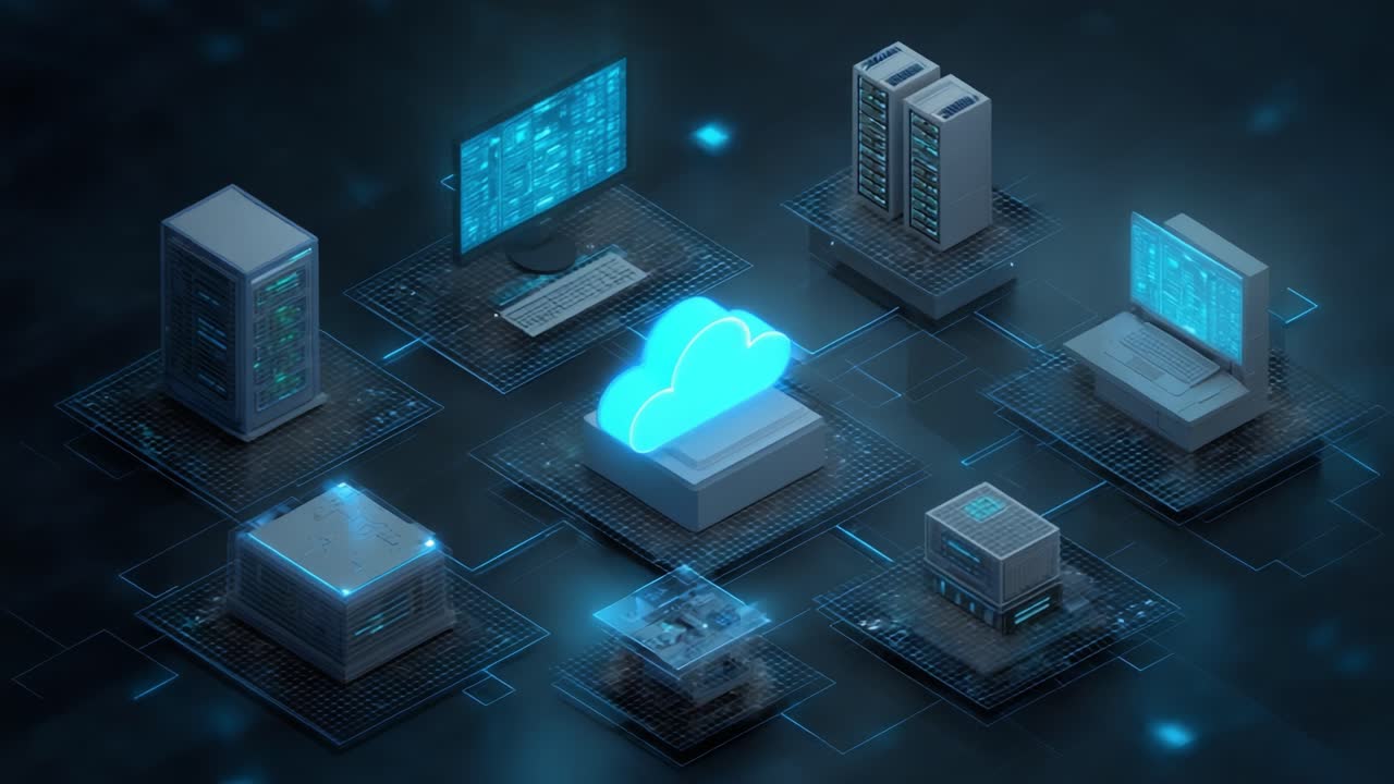 A Futuristic Cloud Computing Network Displaying Various Digital Devices and Servers, Highlighting the Interconnectedness of Modern Technology Systems