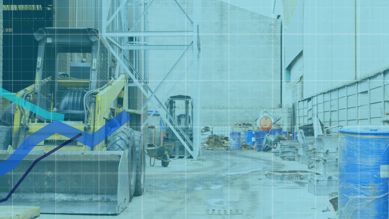 재무 데이터와 그래프의 애니메이션은 쓰레기 창고의 기계 위에 있습니다.