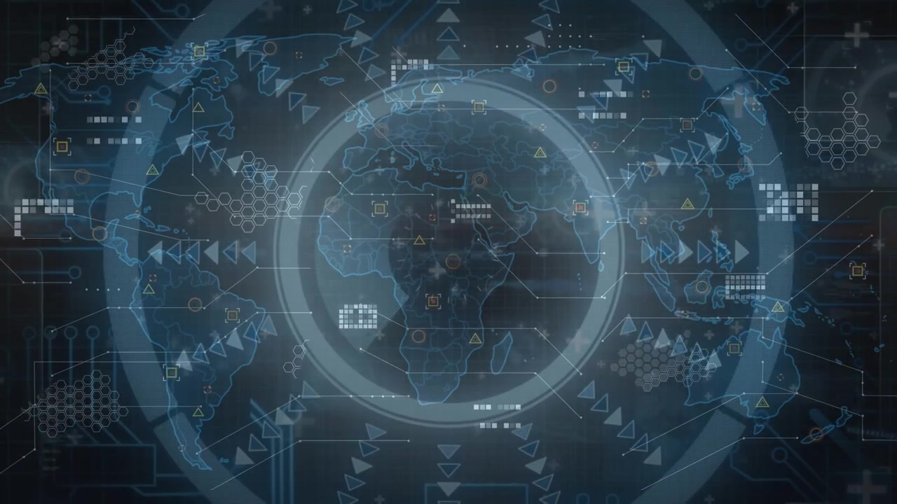 Animation of scope scanning over world map with data processing on black background