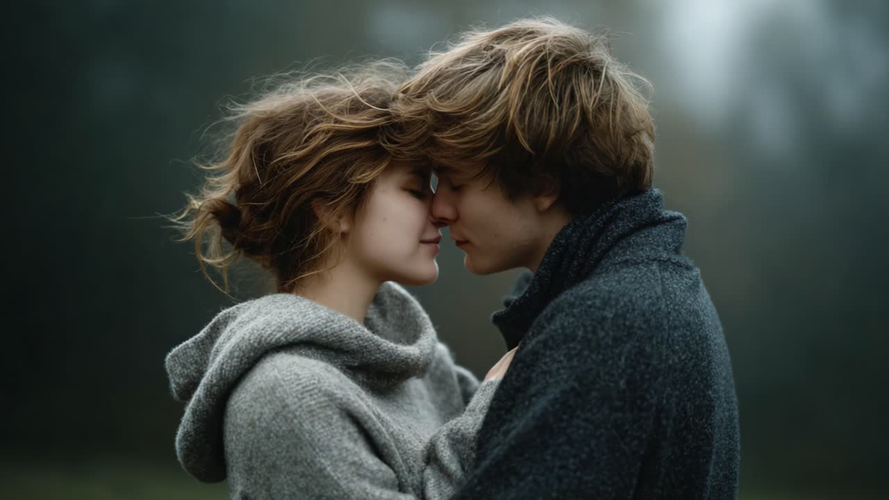 Captivating Moments of Connection: A Tender Embrace Between Two Young Lovers in a Misty, Serene Landscape Captured Over Time