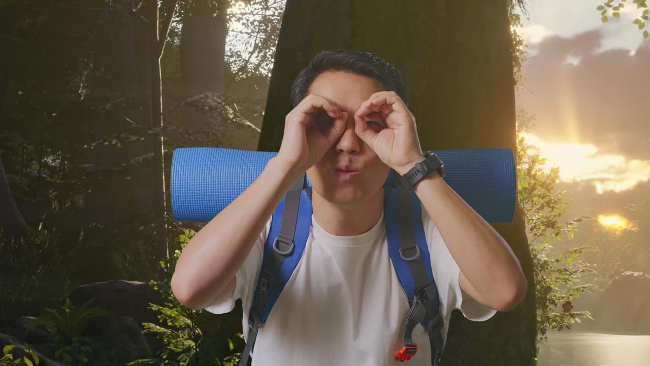 해가 지는 숲에서 행복한 산책자