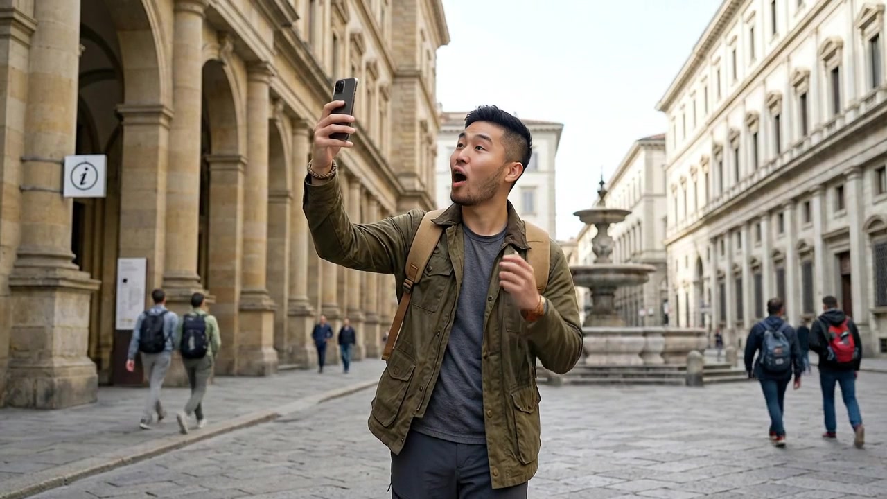 Turista che Esplora Strade Storiche Europee e Scatta Foto di Viaggio