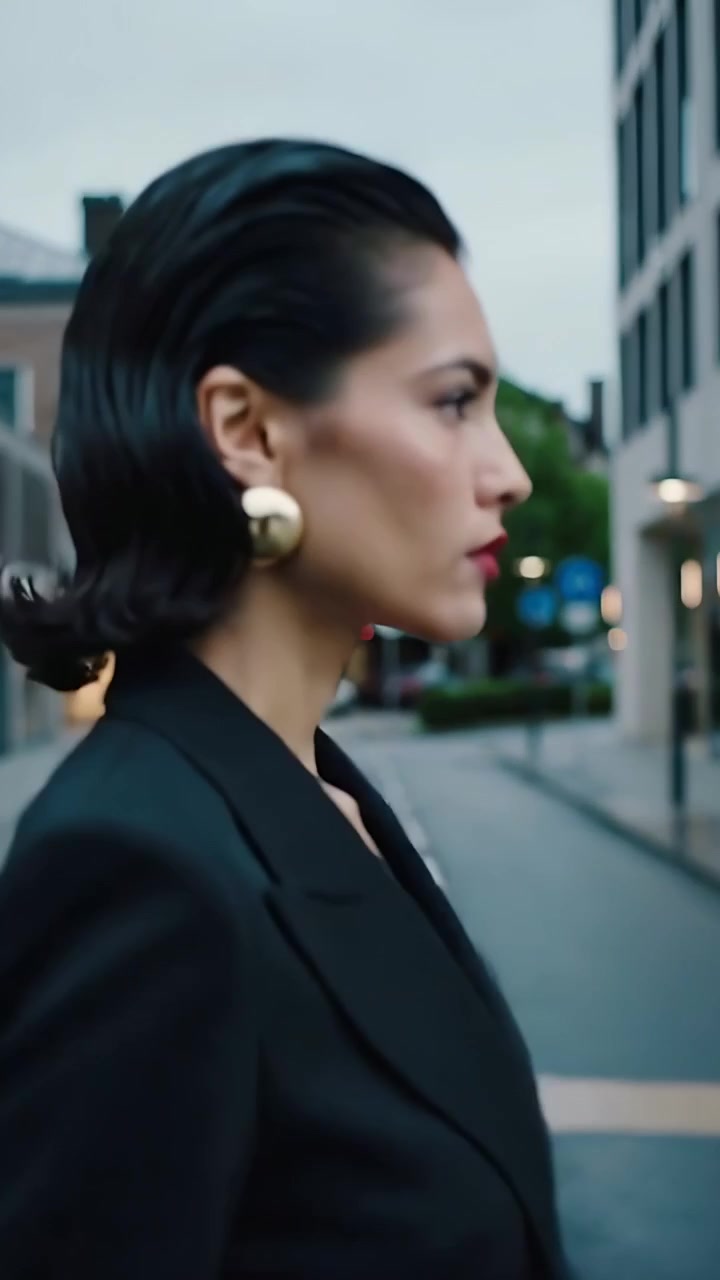 Video verticale: Donna in tailleur che entra e si dirige al lavoro su strada bagnata, la telecamera si chiude su orecchini d'oro.