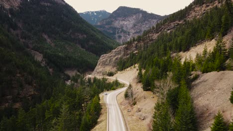 Aerial-drone-shot-over-Duffey-Lake-Road-in-British-Columbia,-Canada