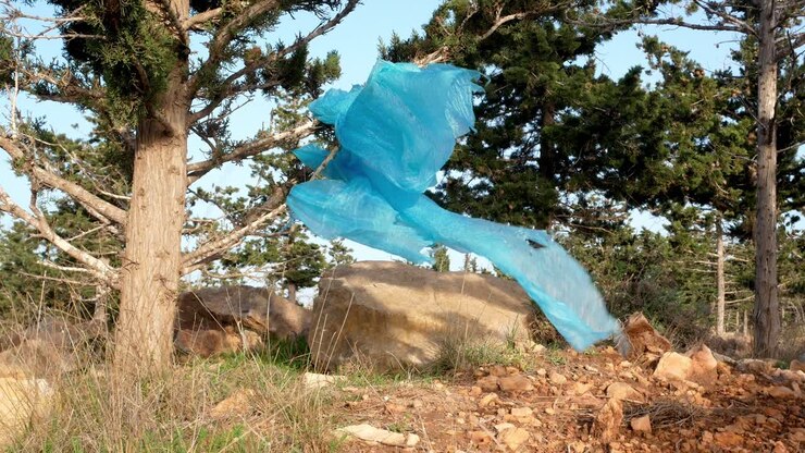 Foglio di plastica gettato via e impigliato in un ramo d'albero mosso dal vento: concetto: inquinamento, ambiente, rifiuti, spazzatura.