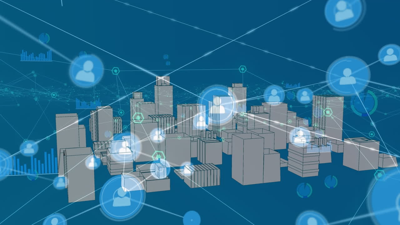 Animation vernetzter Profilsymbole, Diagrammsymbole und eines 3D-Modells einer Stadt über blauem Hintergrund