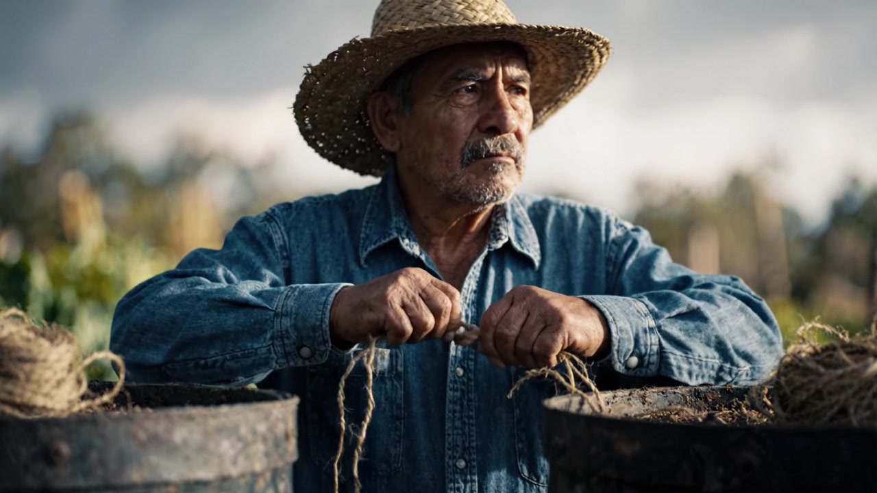 Un artesano hábil trabajando con fibras naturales en un campo, demostrando técnicas tradicionales y artesanía bajo un cielo nublado mientras usa un sombrero de paja