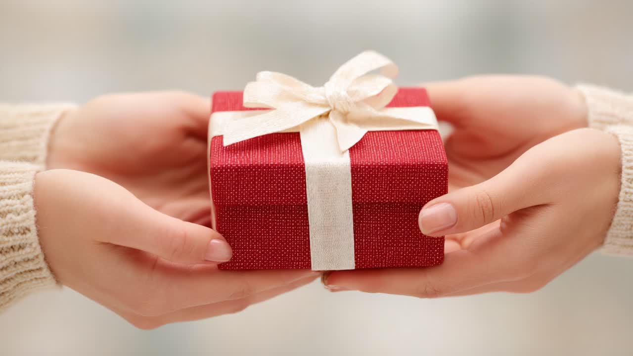 Una persona offre una scatola regalo rossa splendidamente incartata e ornata con un nastro bianco, in un gesto delicato che simboleggia l'atto di donare e la celebrazione di momenti speciali.