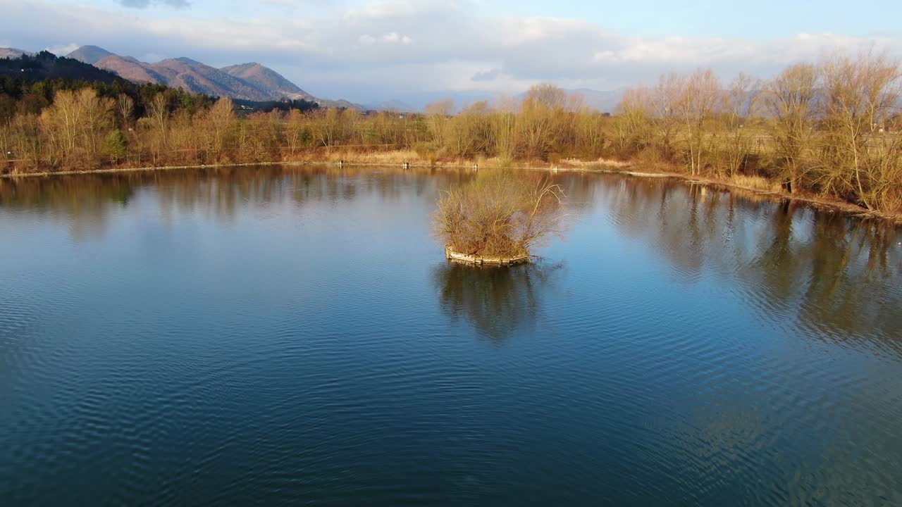 Fishing lake Ribnik Vrbje with tree island in eastern Slovenia during golden hour, Aerial circle around wide shot