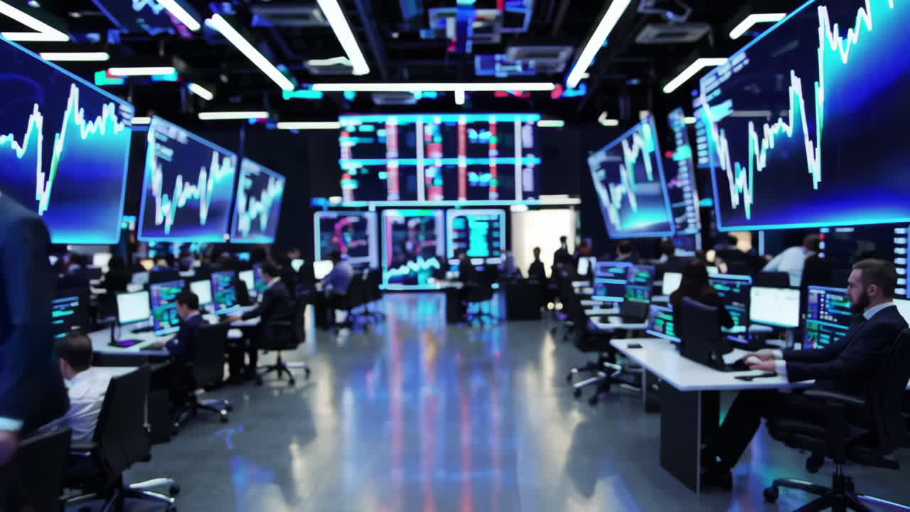 Busy Trading Floor with Data Screens