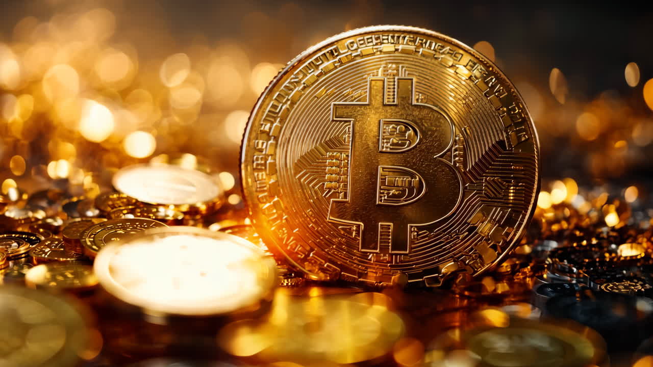 A shiny gold coin with the letter B on it is placed on top of a pile of other gold coins. The coins are scattered around the B coin, creating a visually appealing and luxurious scene