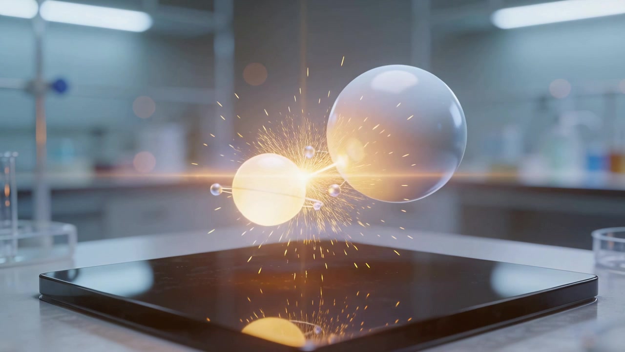 Moving Na-Cl spheres forming ionic bond and emitting sparks on lab bench, with orbiting electrons