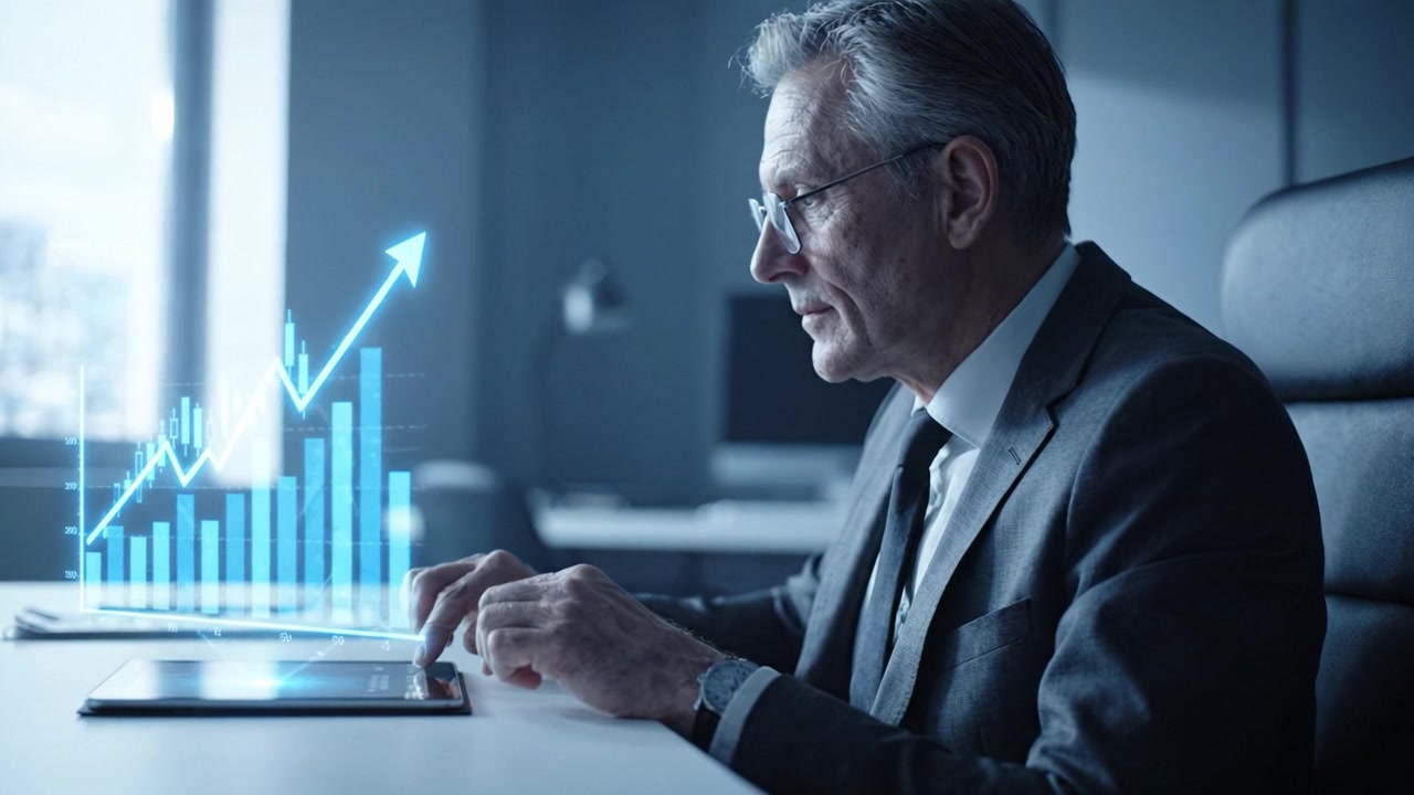 Professionista aziendale che analizza le tendenze dei dati su un tablet, con visualizzazione della crescita rappresentata da grafici e diagrammi in un ambiente d'ufficio moderno.