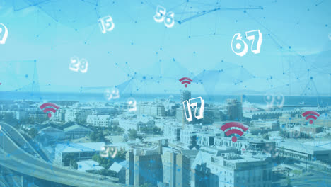 Animation-of-floating-numbers-with-net-of-connections-and-net-icons-over-a-cityscape