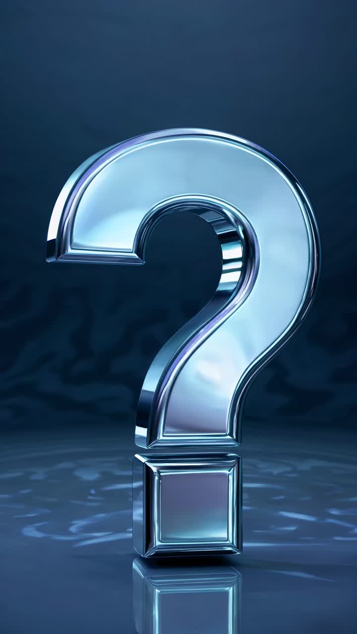 A 3D metallic question mark on a dark blue background, captured from a low-angle