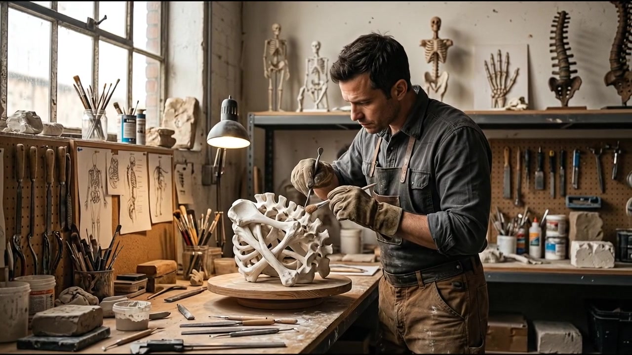 Skilled craftsman carving a detailed object at a wooden workbench while performing precision work with professional tools