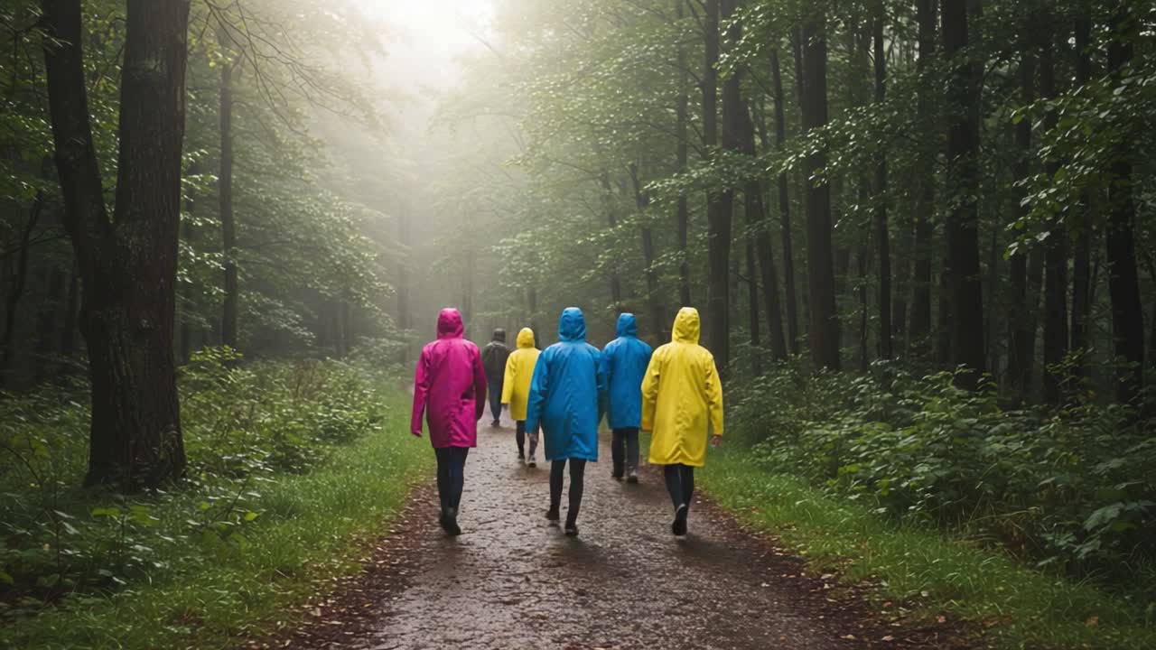 Group of people in colorful raincoats walking through a misty forest