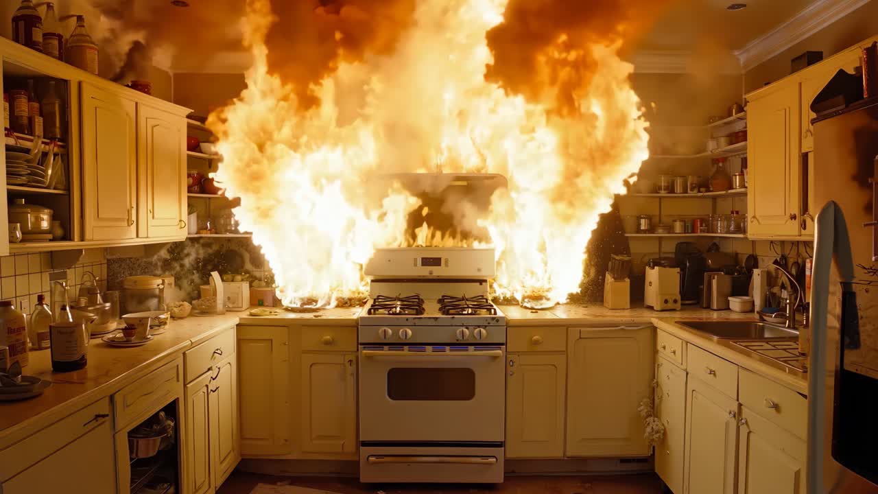 그 중간에 불타는 스토브가 있는 부