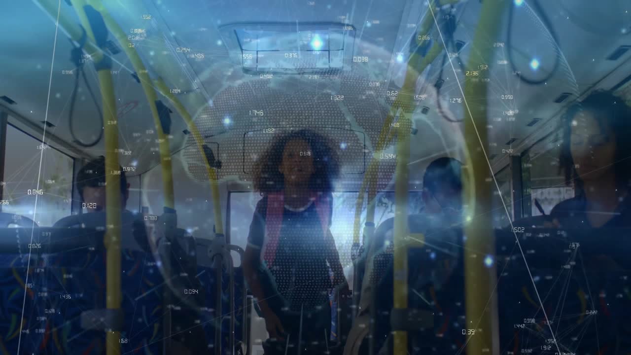 Teenage girl walking in bus gripping handrail and initiating digital globe visualizing transit data