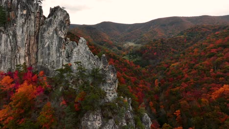 drone footage of seneca rocks in west virginia during peak fall foliage