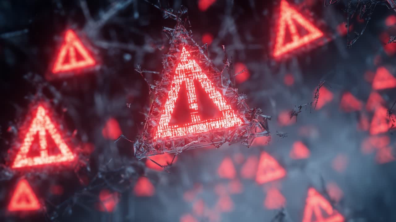 A Glimpse into a Digital Realm: Illuminated Red Warning Signs in a Mysterious Network of Symbols and Codes Representing Caution and Alerts in Technology