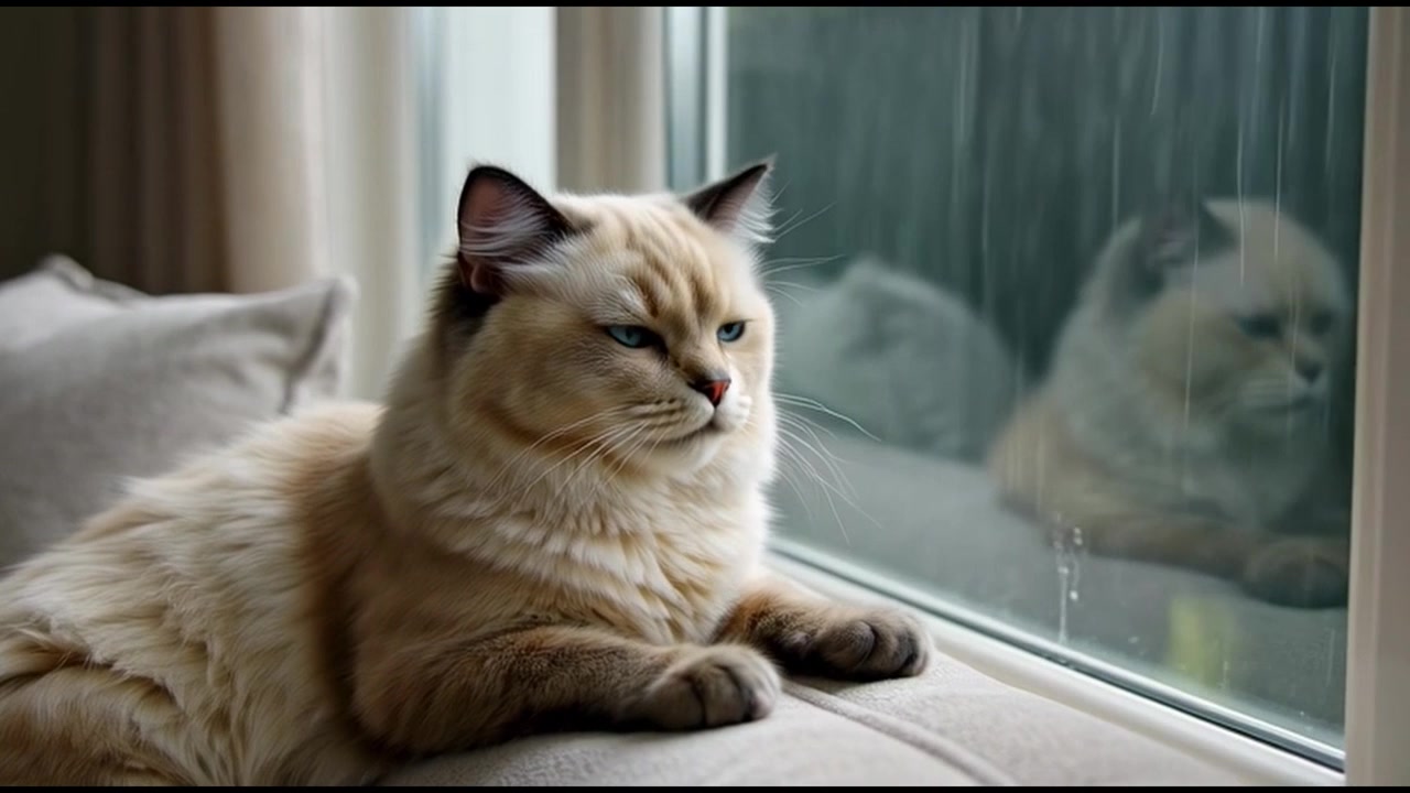 Gatto Ragdoll soffice che guarda fuori dalla finestra in un giorno di pioggia
