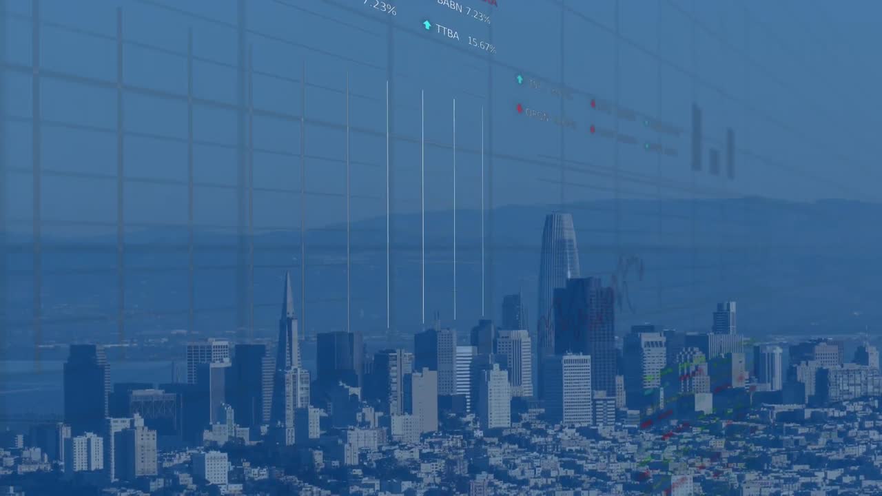 都市風景上のデータ処理のアニメーション