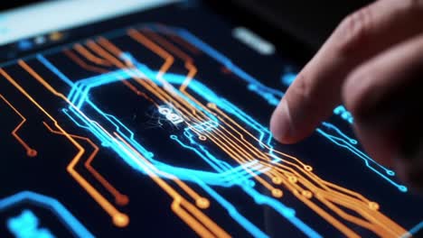 exploring digital interfaces: a close-up view of touch interaction with a high-tech circuit board display on a modern tablet device