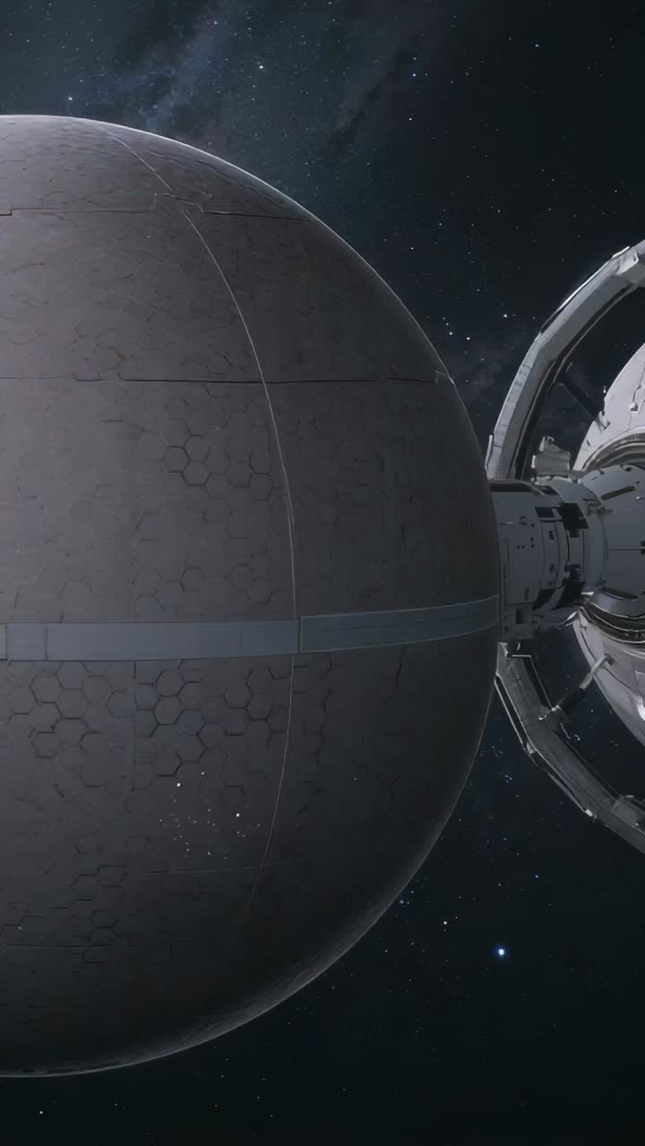 Vertical video: Panning camera to reveal sphere in space, exposing ringed station seams