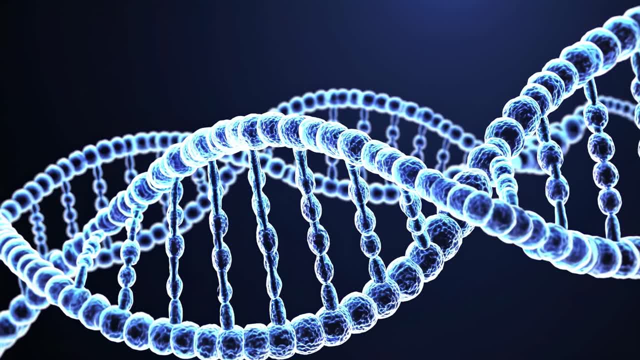 A close-up, angled view of a glowing blue DNA strand on a dark background, creating a futuristic