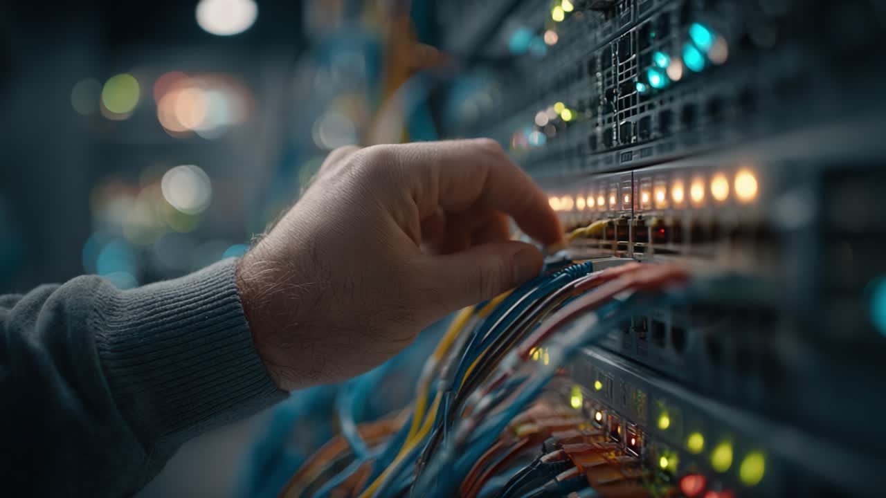 A Close-Up View of Network Connections: A Hand Adjusts Cables and Lights on a High-Tech Server Rack, Showcasing the Intricacies of Modern Data Management