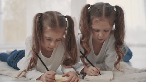 Two-Little-Girls-With-Pigtails-Doing-Their-Homework-At-Home