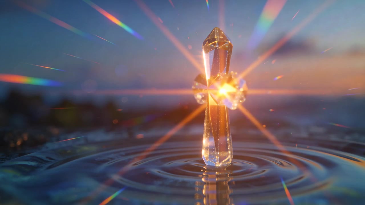 Shining cut-glass cross reflecting sunset light, sending rainbow streaks across water with ripples