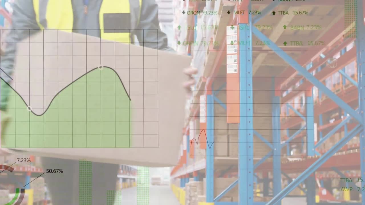 창고에서 상자를 들고 있는 백인 남성 노동자에 대한 통계 데이터 처리 애니메이션